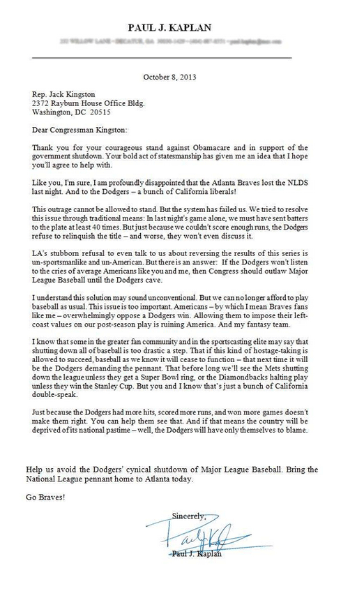Letter from a Braves fan to his Republican congressman