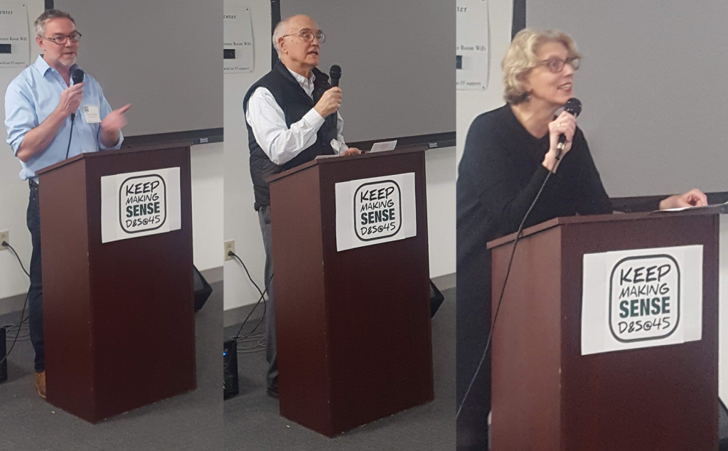 The evening's speakers: D&S co-editor Chris Sturr, D&S co-founder Arthur MacEwan, and Prof. Juliet Schor.