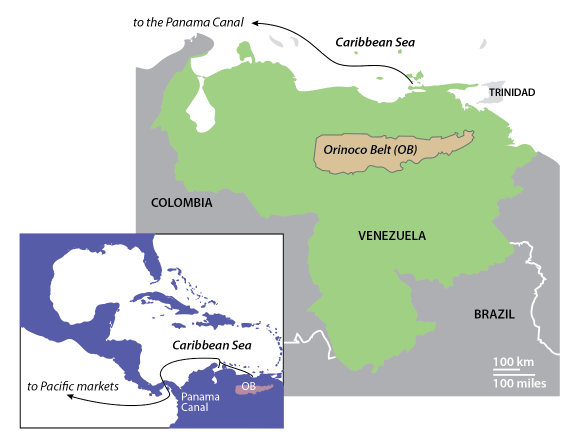 A map of Venezuela showing the Orinoco Belt, with an inset showing proximity to the Panama Canal. Map credit: Eben Rose