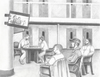 Pencil drawing by Eric Lynch of incarcerated men watching TV and playing chess in a common area of a prison.
